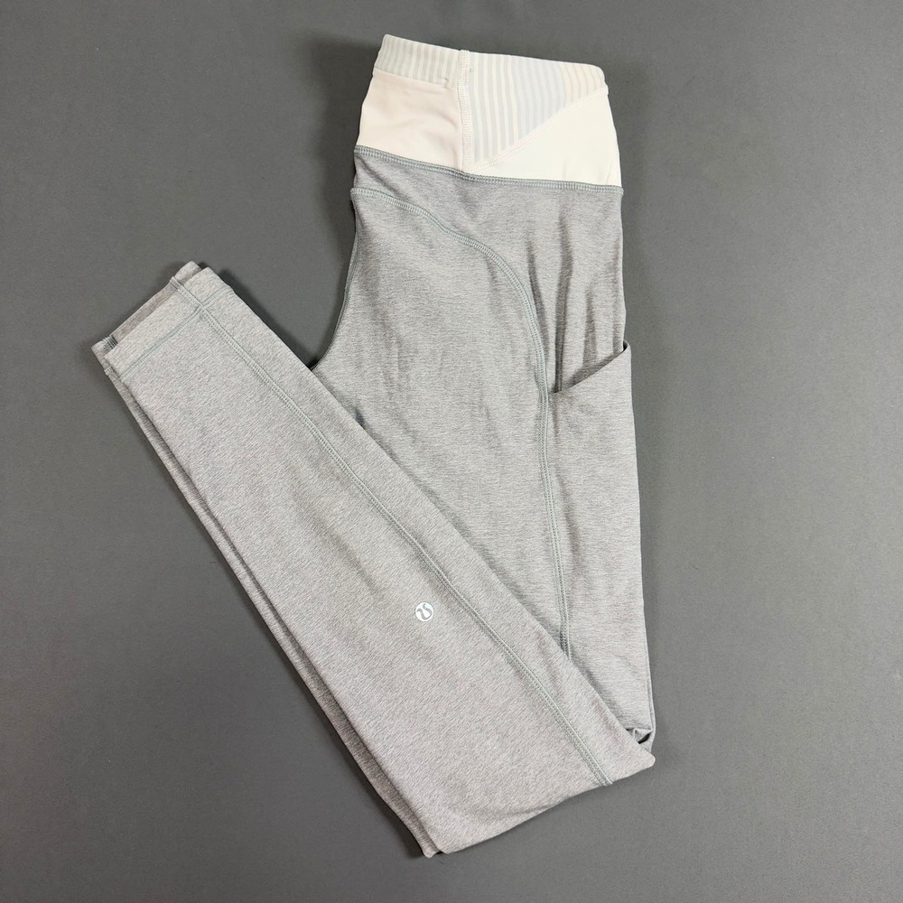 Lululemon High Rise Leggings Heather Gray White Pocket Womens Size 8
